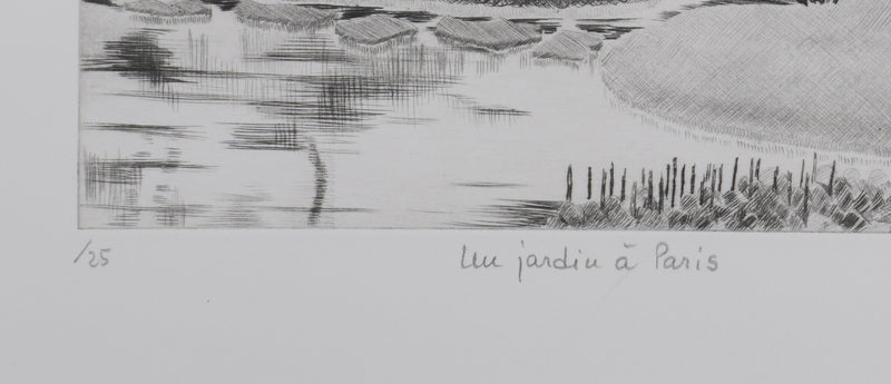 Camille COMBE : Un jardin à Paris, Gravure originale signée