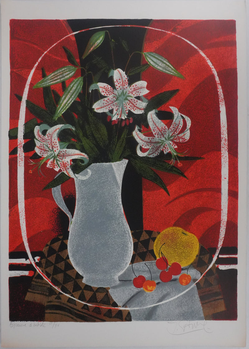 Yves GANNE : Les fleurs aux pois rouges, Lithographie originale signée