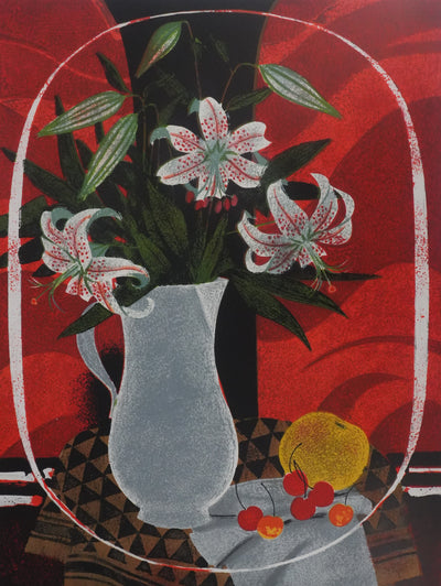 Yves GANNE : Les fleurs aux pois rouges, Lithographie originale signée