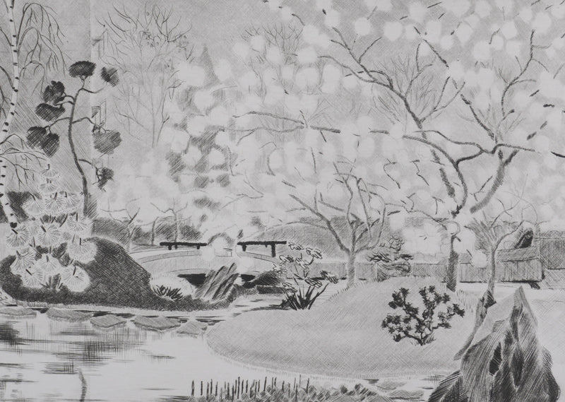 Camille COMBE : Un jardin à Paris, Gravure originale signée