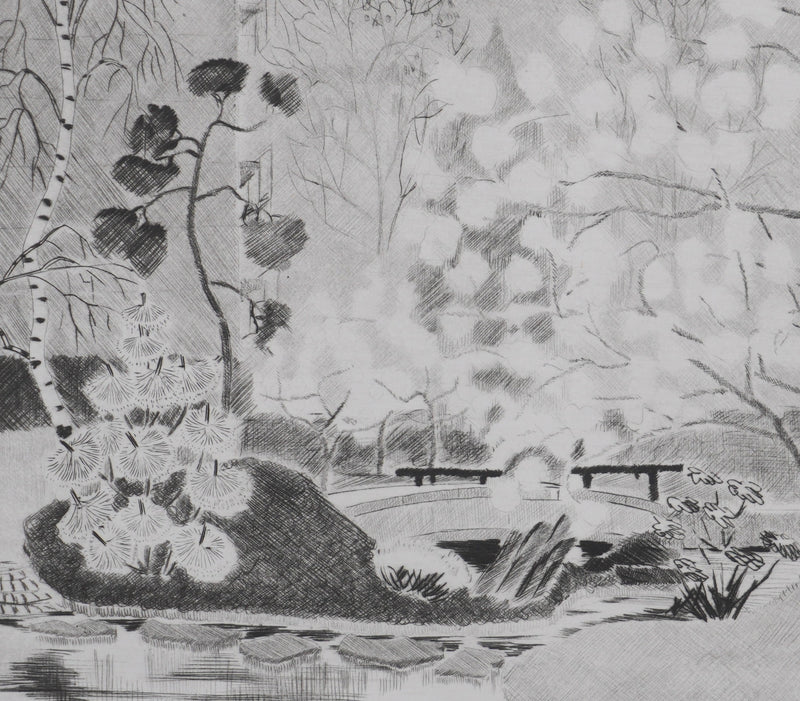 Camille COMBE : Un jardin à Paris, Gravure originale signée