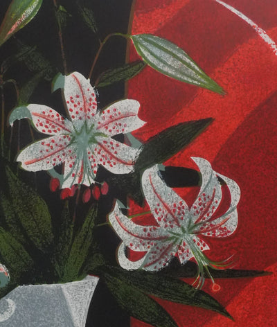 Yves GANNE : Les fleurs aux pois rouges, Lithographie originale signée