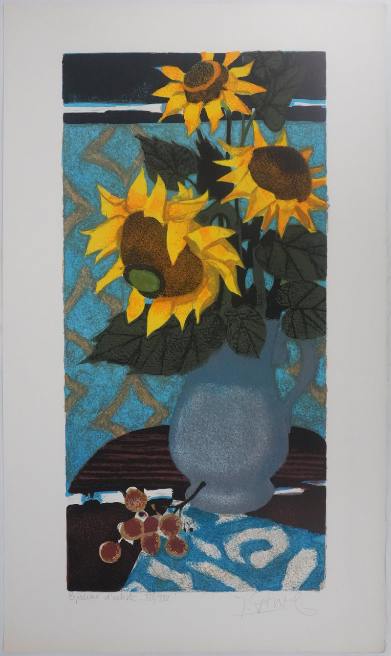 Yves GANNE : Les tournesols au fond bleu, Lithographie originale signée