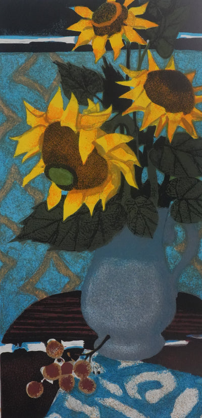 Yves GANNE : Les tournesols au fond bleu, Lithographie originale signée