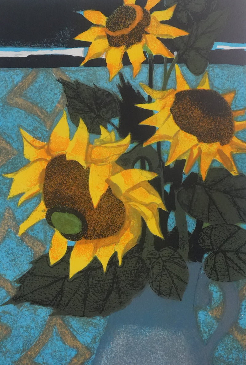 Yves GANNE : Les tournesols au fond bleu, Lithographie originale signée