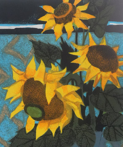 Yves GANNE : Les tournesols au fond bleu, Lithographie originale signée