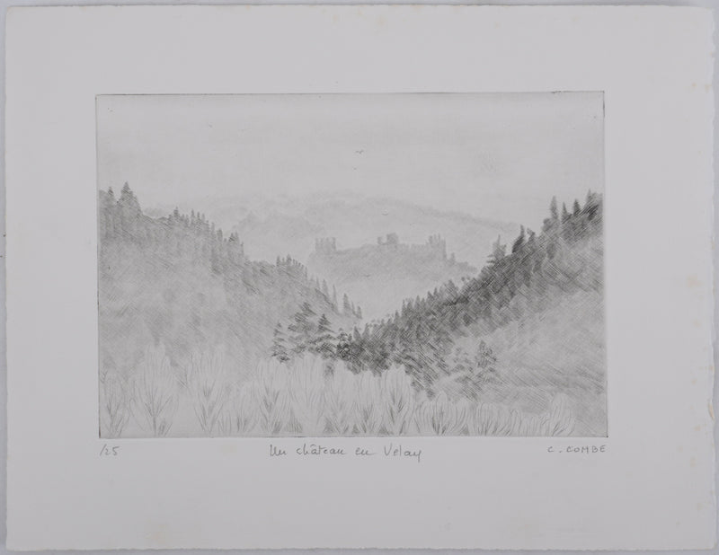 Camille COMBE : Un château en Velay, Gravure originale signée