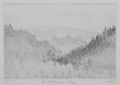 Camille COMBE : Un château en Velay, Gravure originale signée