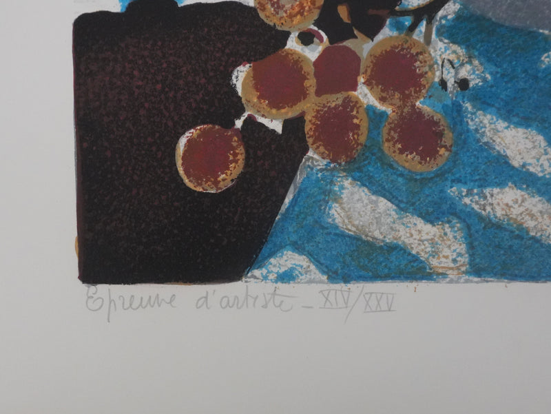 Yves GANNE : Les tournesols au fond bleu, Lithographie originale signée