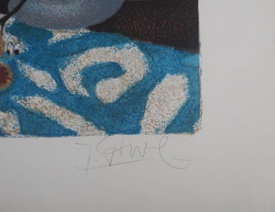 Yves GANNE : Les tournesols au fond bleu, Lithographie originale signée