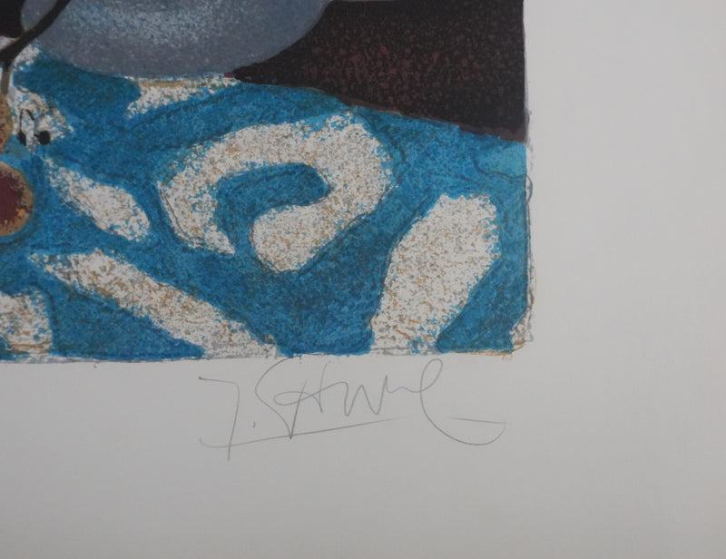 Yves GANNE : Les tournesols au fond bleu, Lithographie originale signée