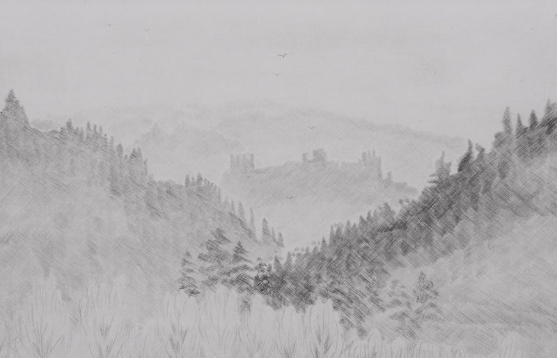 Camille COMBE : Un château en Velay, Gravure originale signée