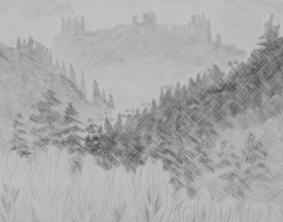 Camille COMBE : Un château en Velay, Gravure originale signée
