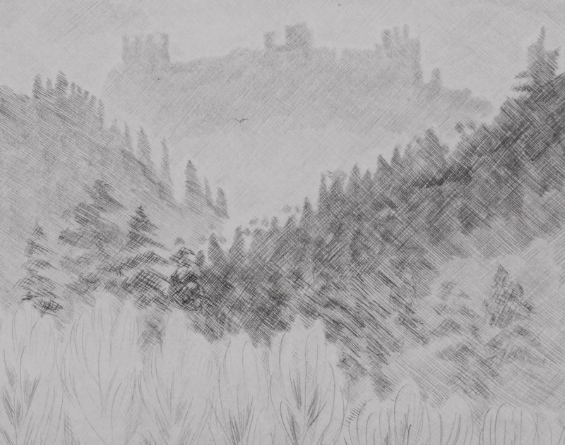Camille COMBE : Un château en Velay, Gravure originale signée