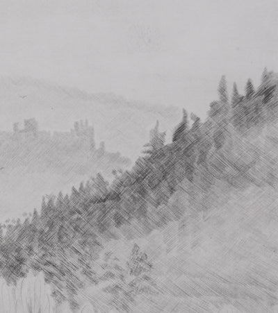 Camille COMBE : Un château en Velay, Gravure originale signée