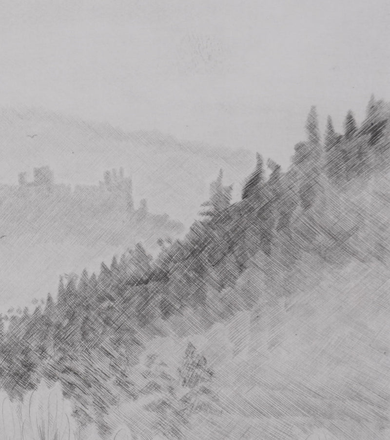Camille COMBE : Un château en Velay, Gravure originale signée