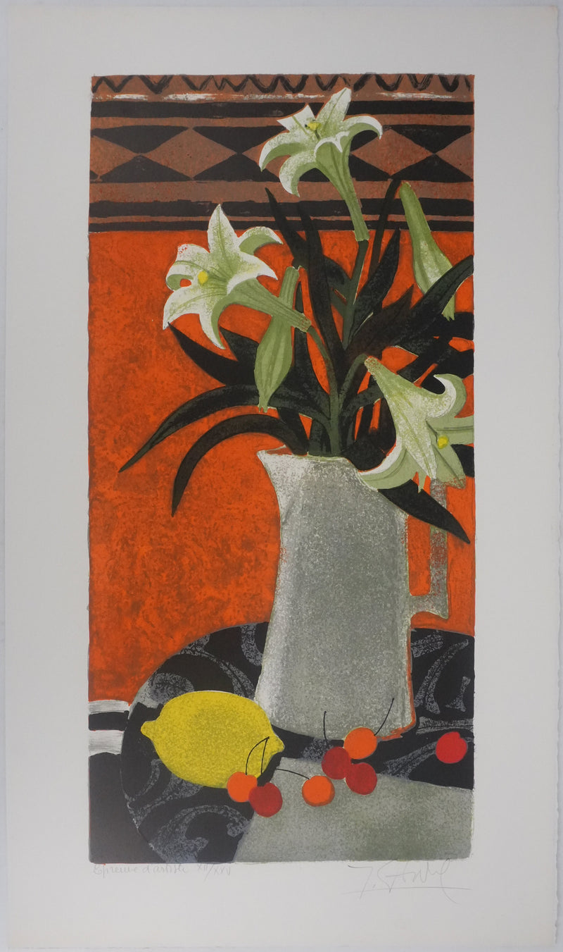 Yves GANNE : Le bouquet de lys, Lithographie originale signée