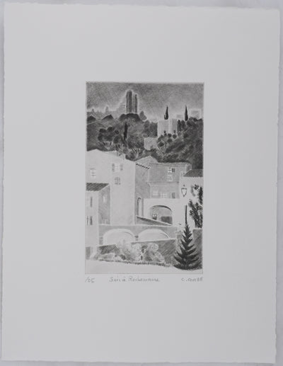 Camille COMBE : Soir à Rochemaure, Gravure originale signée