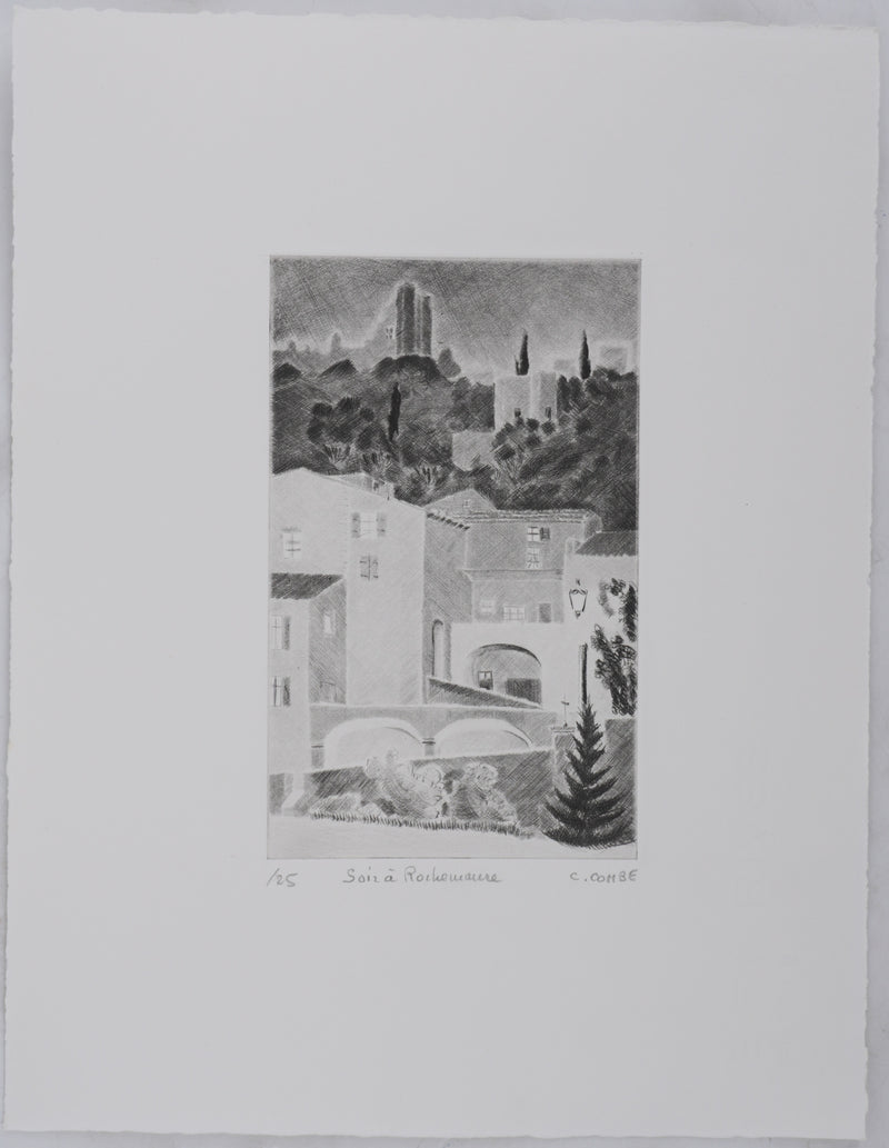 Camille COMBE : Soir à Rochemaure, Gravure originale signée