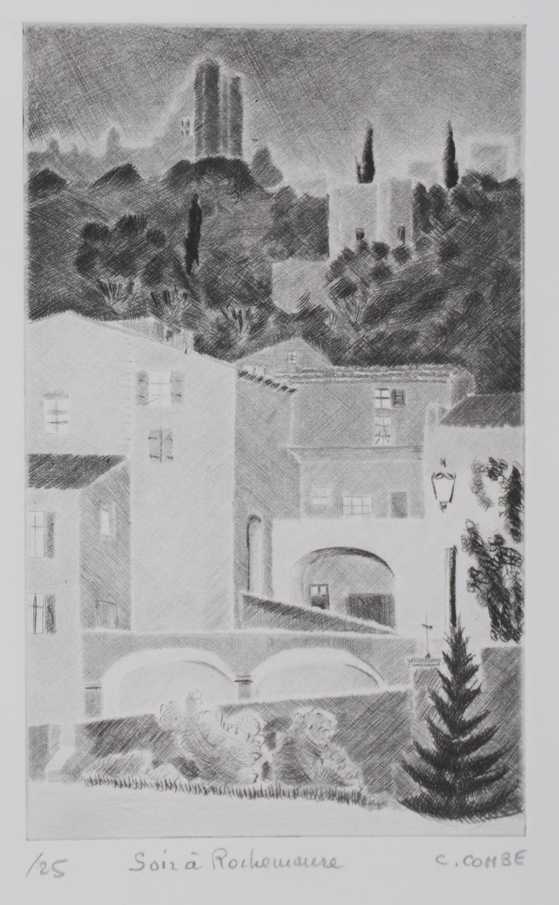 Camille COMBE : Soir à Rochemaure, Gravure originale signée