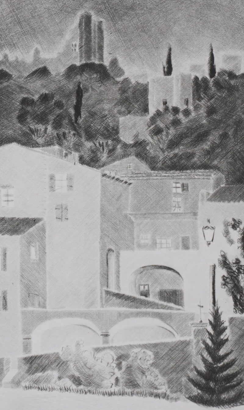 Camille COMBE : Soir à Rochemaure, Gravure originale signée