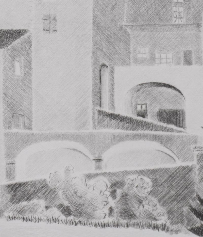 Camille COMBE : Soir à Rochemaure, Gravure originale signée