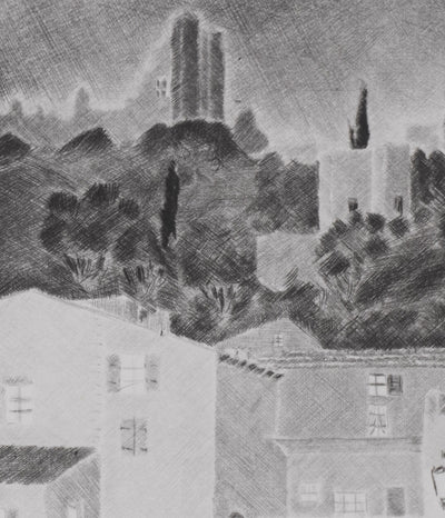 Camille COMBE : Soir à Rochemaure, Gravure originale signée