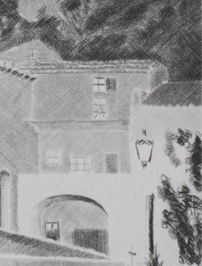 Camille COMBE : Soir à Rochemaure, Gravure originale signée