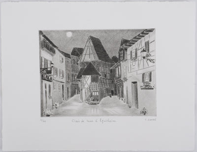 Camille COMBE : Clair de lune à Eguisheim, Gravure originale signée