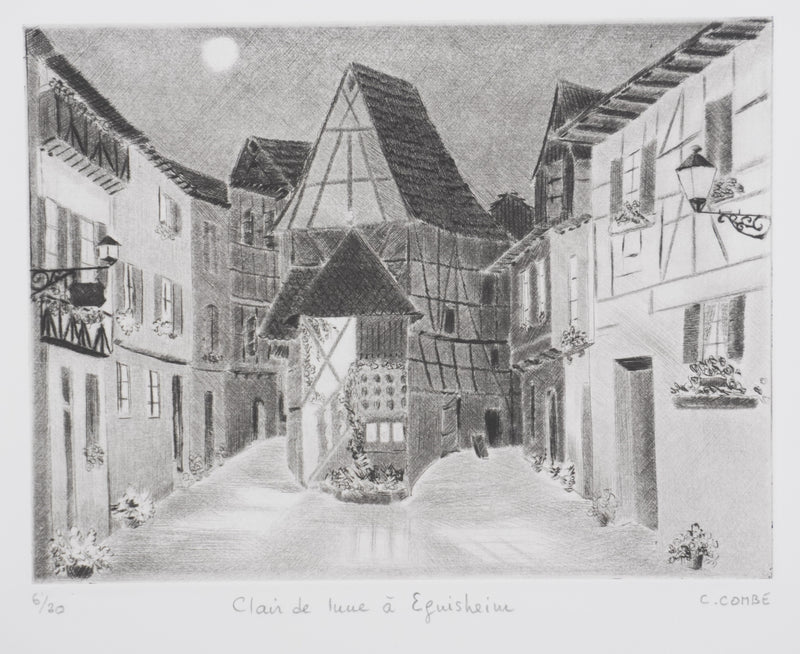 Camille COMBE : Clair de lune à Eguisheim, Gravure originale signée