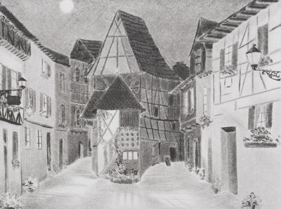 Camille COMBE : Clair de lune à Eguisheim, Gravure originale signée