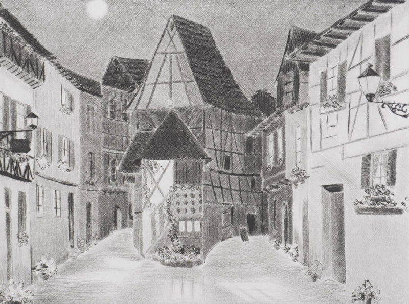 Camille COMBE : Clair de lune à Eguisheim, Gravure originale signée