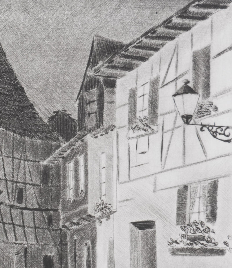 Camille COMBE : Clair de lune à Eguisheim, Gravure originale signée