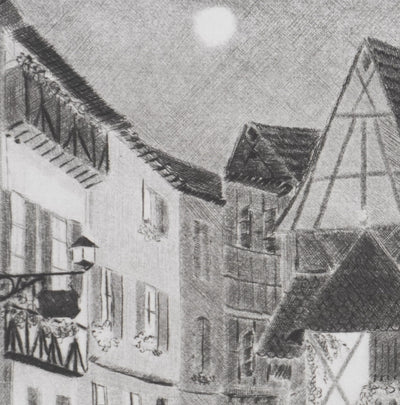 Camille COMBE : Clair de lune à Eguisheim, Gravure originale signée