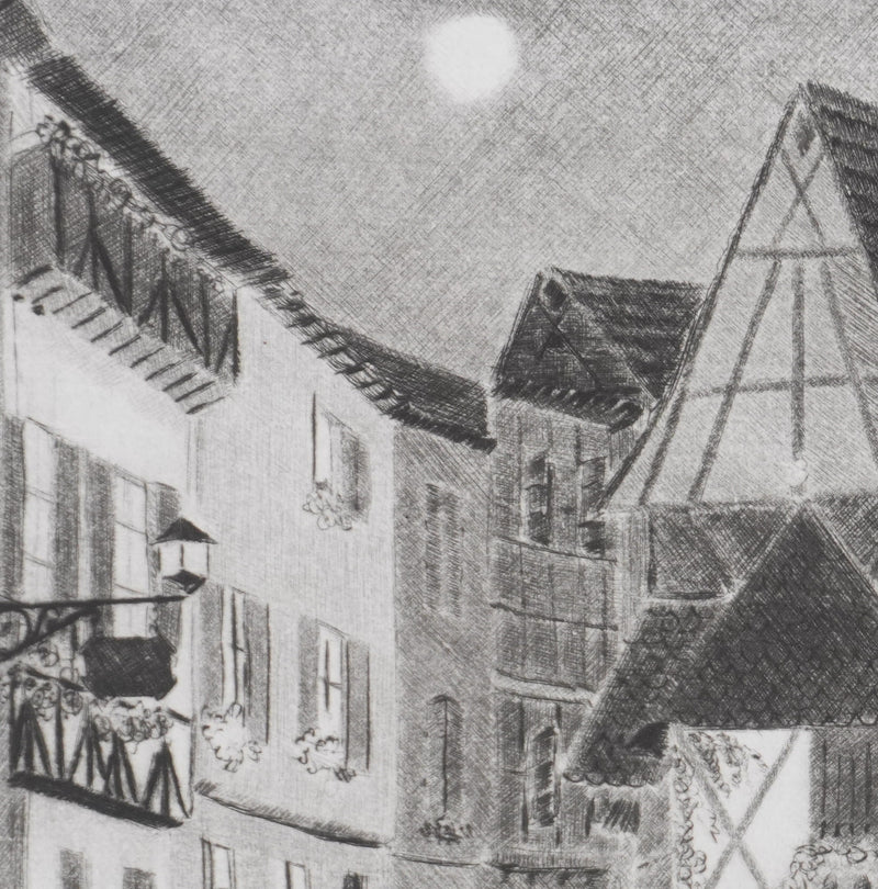 Camille COMBE : Clair de lune à Eguisheim, Gravure originale signée