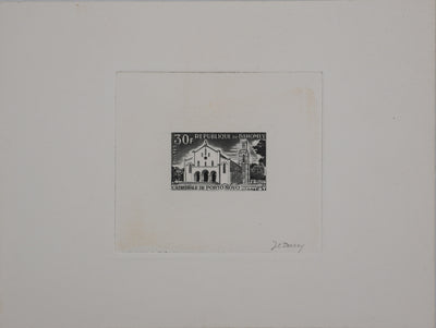 Jacques Charles DERREY : Timbre, Cathédrale de Porto Novo, Gravure originale signée