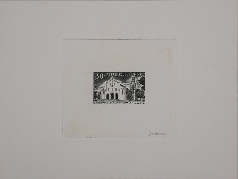 Jacques Charles DERREY : Timbre, Cathédrale de Porto Novo, Gravure originale signée
