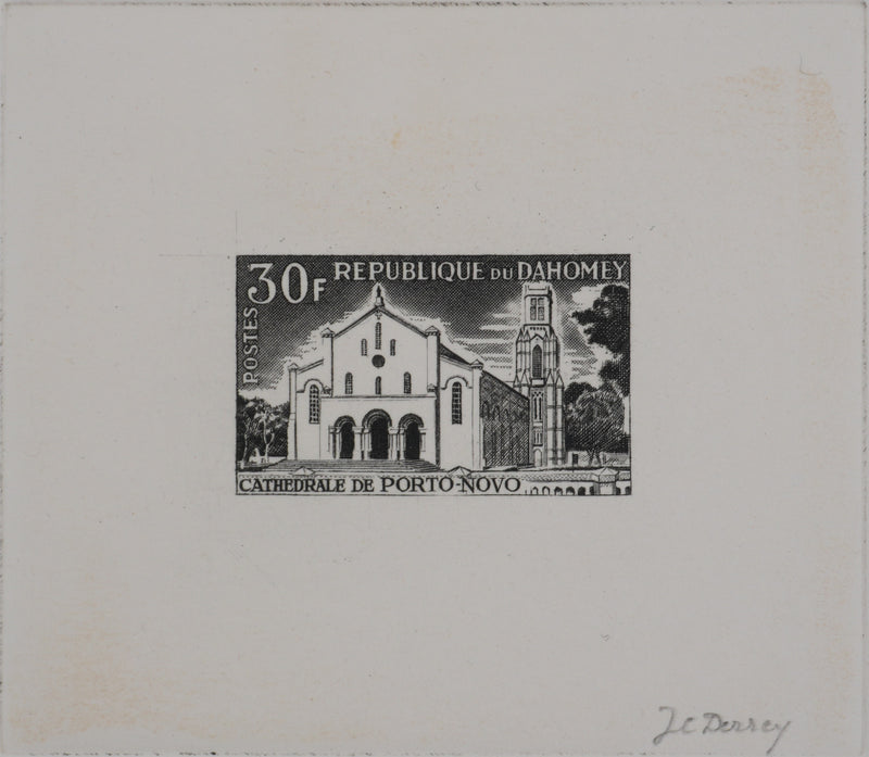 Jacques Charles DERREY : Timbre, Cathédrale de Porto Novo, Gravure originale signée