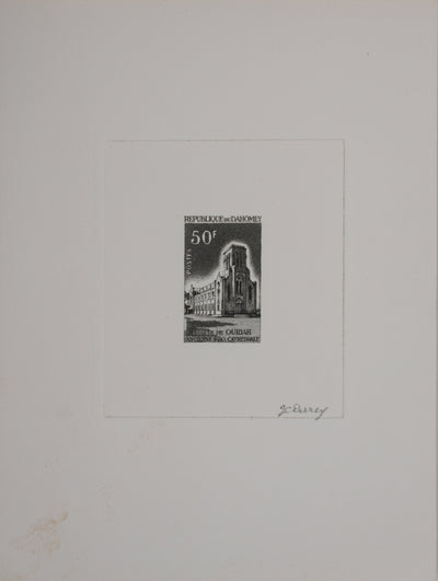 Jacques Charles DERREY : Timbre, Eglise de Ouidah, Gravure originale signée