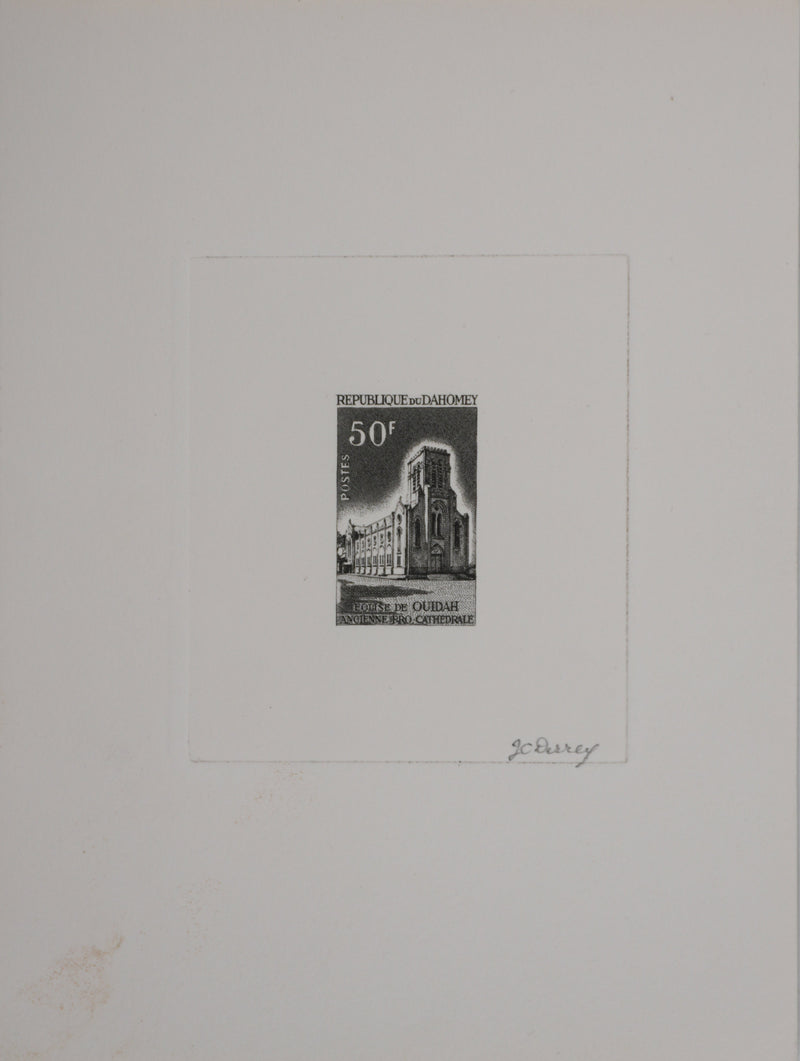 Jacques Charles DERREY : Timbre, Eglise de Ouidah, Gravure originale signée