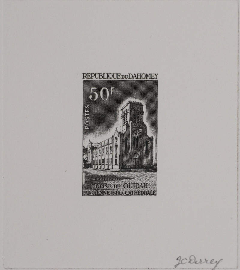 Jacques Charles DERREY : Timbre, Eglise de Ouidah, Gravure originale signée