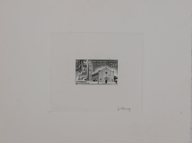 Jacques Charles DERREY : Timbre, Cathédrale de Cotonou, Gravure originale signée