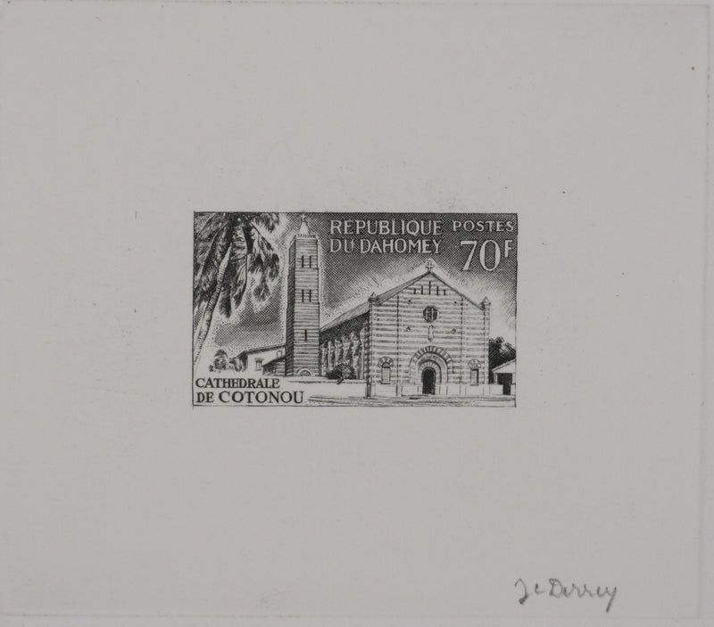 Jacques Charles DERREY : Timbre, Cathédrale de Cotonou, Gravure originale signée