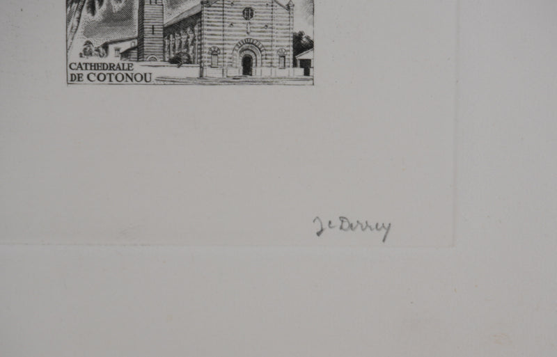 Jacques Charles DERREY : Timbre, Cathédrale de Cotonou, Gravure originale signée