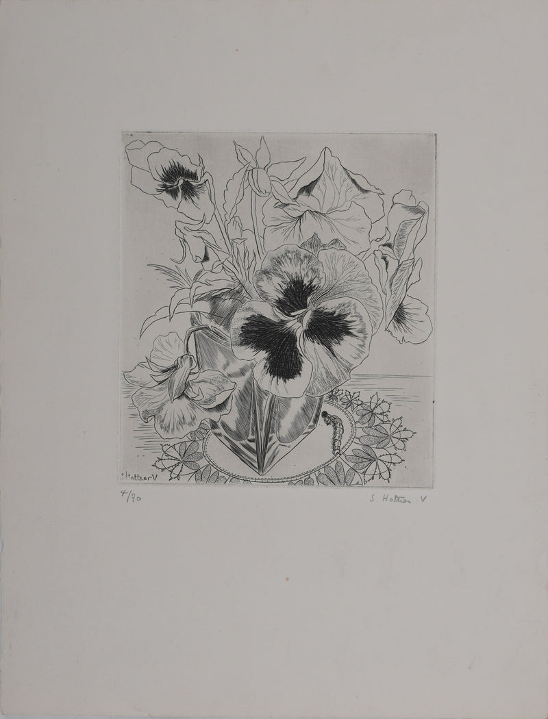 Suzanne von HOTTIER-VAHL : Le bouquet à la chenille, Gravure originale signée