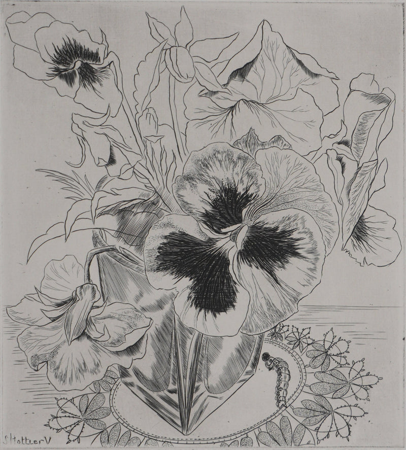 Suzanne von HOTTIER-VAHL : Le bouquet à la chenille, Gravure originale signée
