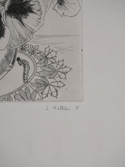 Suzanne von HOTTIER-VAHL : Le bouquet à la chenille, Gravure originale signée