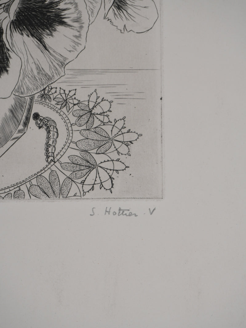 Suzanne von HOTTIER-VAHL : Le bouquet à la chenille, Gravure originale signée