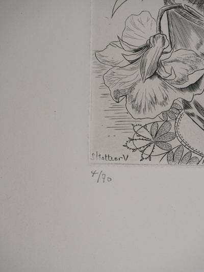 Suzanne von HOTTIER-VAHL : Le bouquet à la chenille, Gravure originale signée