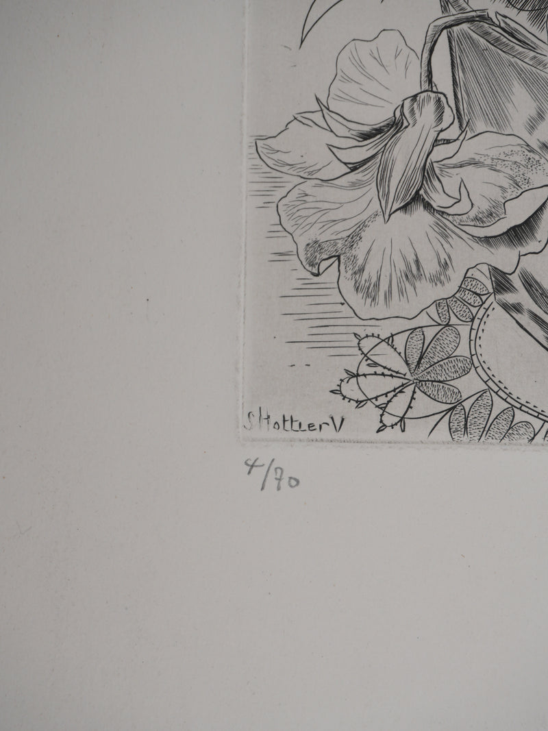 Suzanne von HOTTIER-VAHL : Le bouquet à la chenille, Gravure originale signée